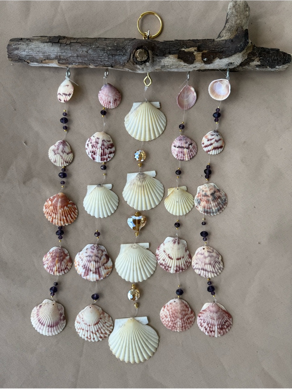 Handmade Pink & Cream Seashell Wind Chime - Driftwood Accent